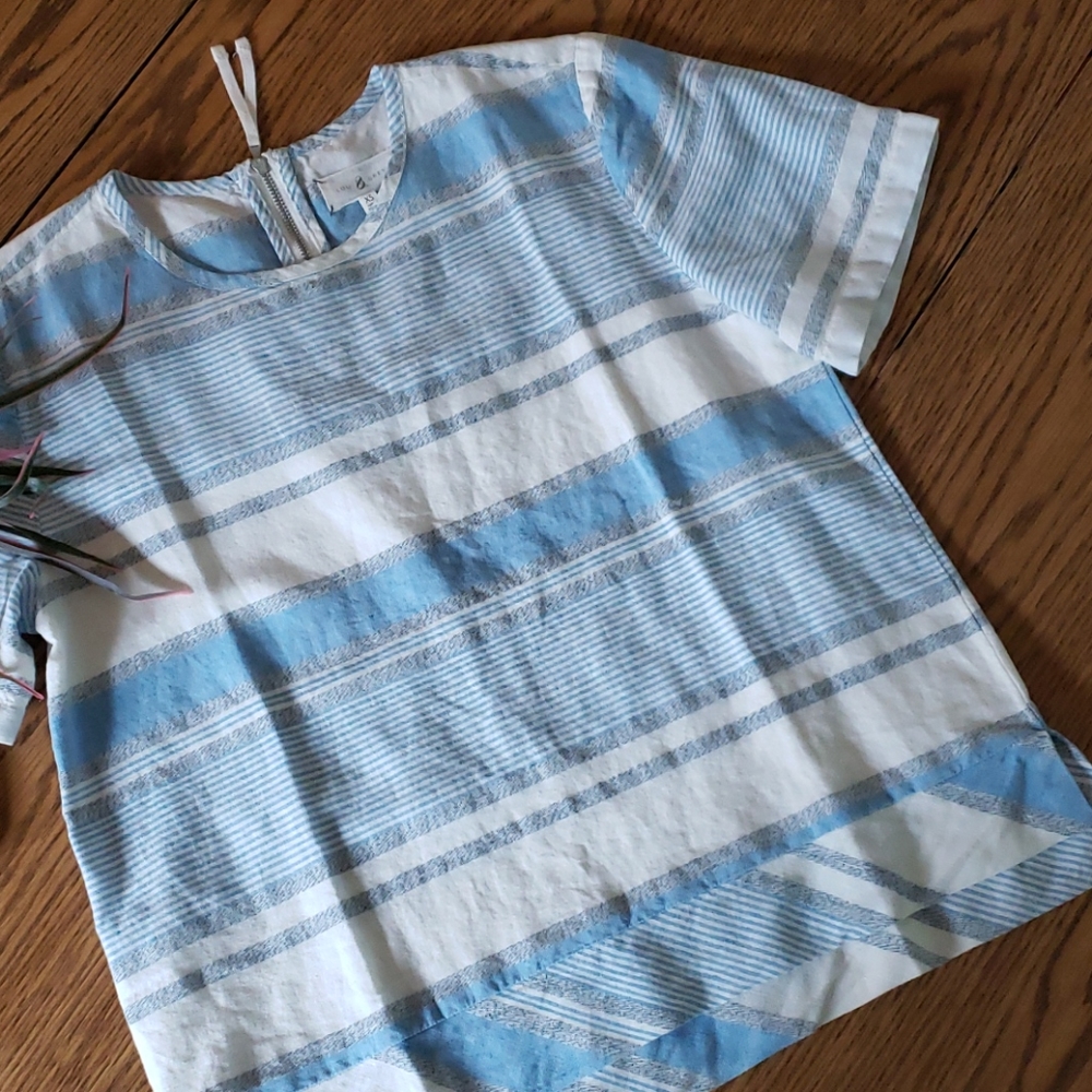 Lou & Grey | Linen Cotton Blue White Oversized SS Top | XS | P2P 19”